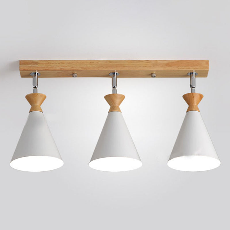Wooden Cone Semi Flush Mount in Modern Creative Style Iron 3-Light Ceiling Light for Dining Room