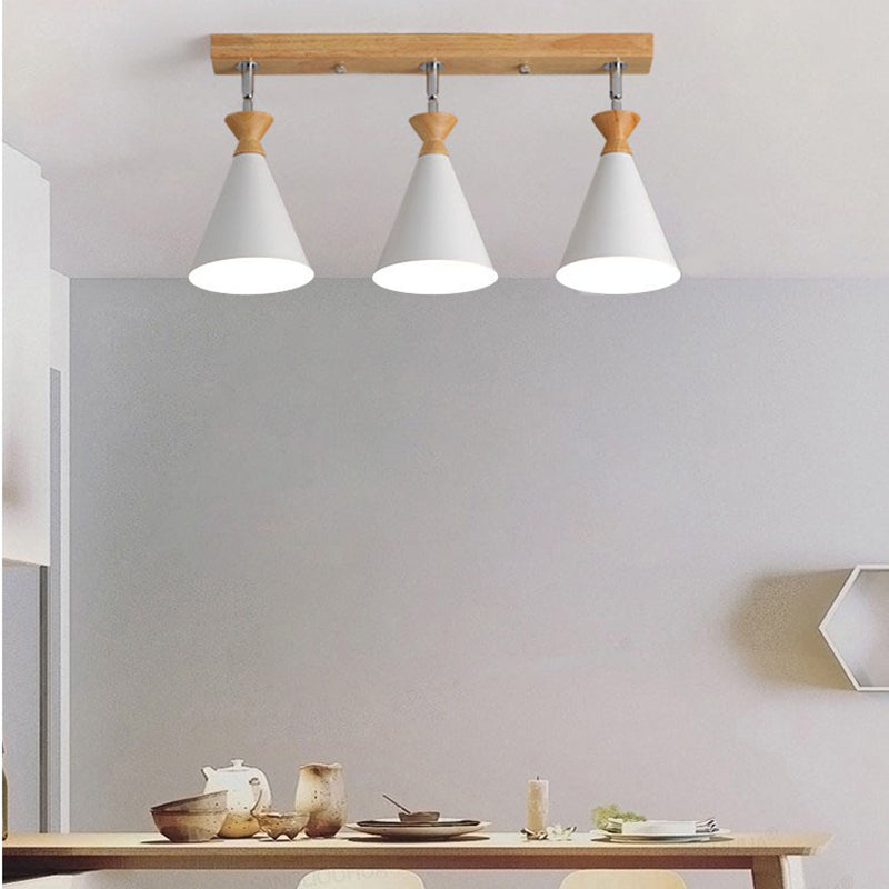 Wooden Cone Semi Flush Mount in Modern Creative Style Iron 3-Light Ceiling Light for Dining Room