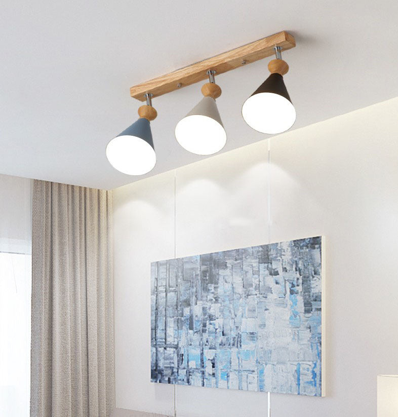 Wooden Cone Semi Flush Mount in Modern Creative Style Iron 3-Light Ceiling Light for Dining Room
