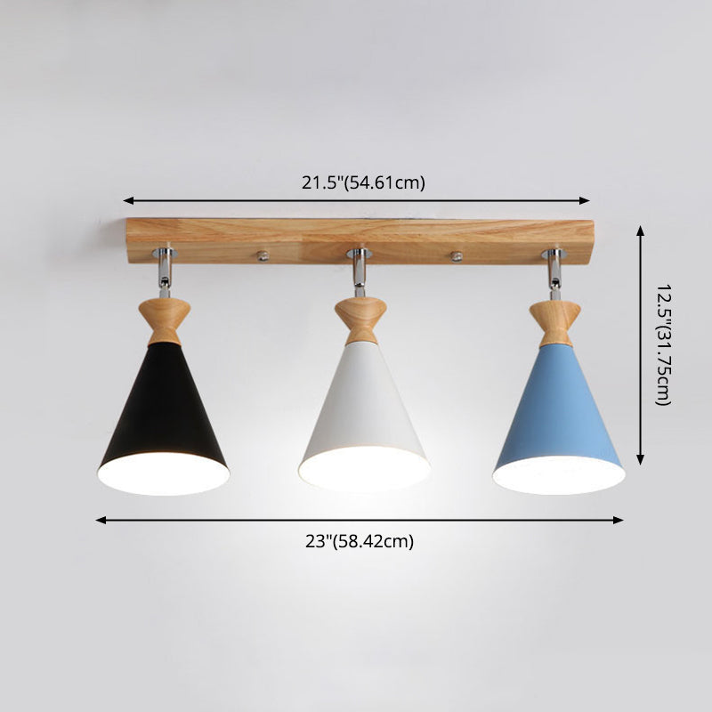 Wooden Cone Semi Flush Mount in Modern Creative Style Iron 3-Light Ceiling Light for Dining Room