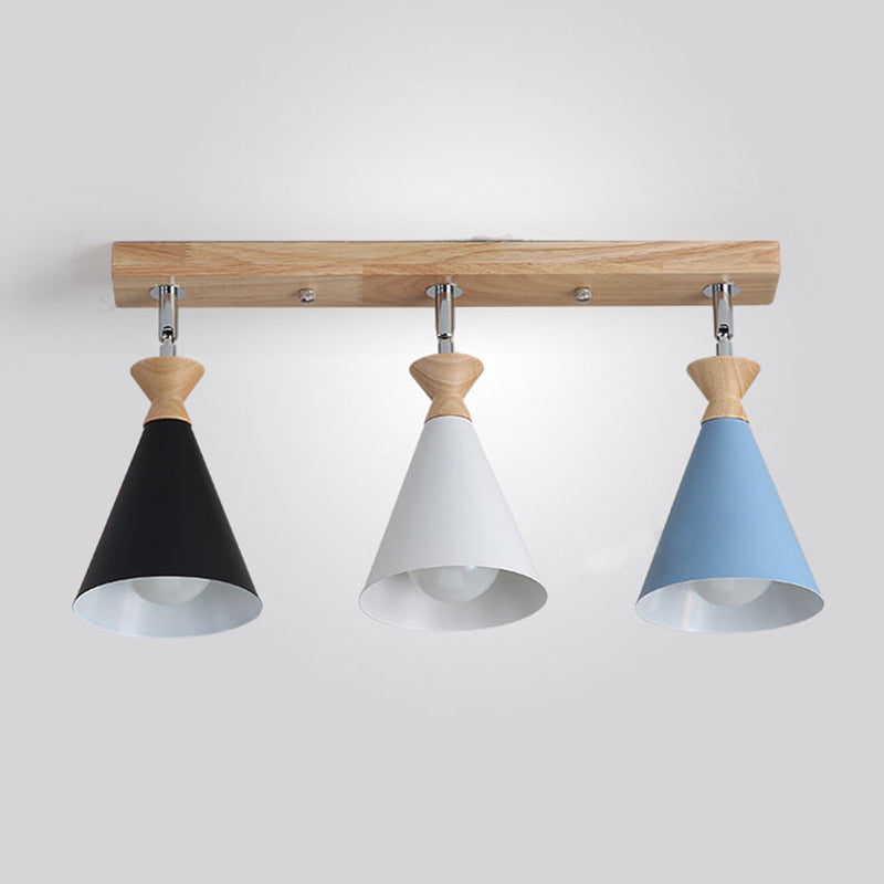 Wooden Cone Semi Flush Mount in Modern Creative Style Iron 3-Light Ceiling Light for Dining Room