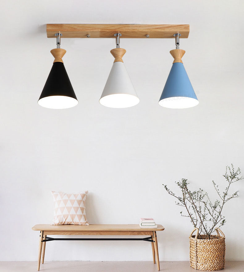 Wooden Cone Semi Flush Mount in Modern Creative Style Iron 3-Light Ceiling Light for Dining Room