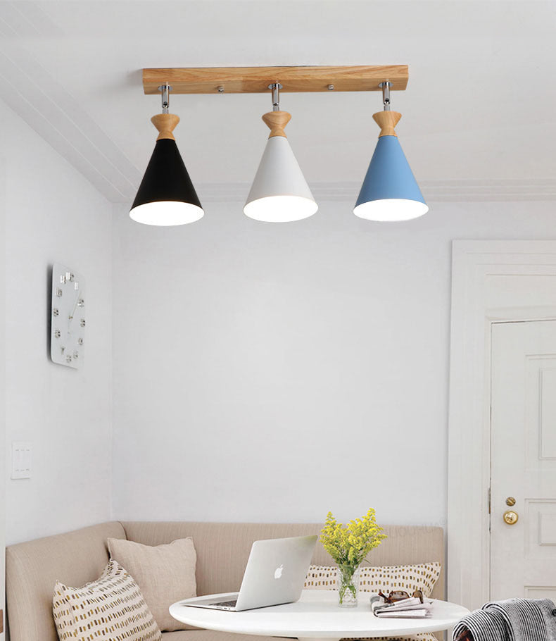 Wooden Cone Semi Flush Mount in Modern Creative Style Iron 3-Light Ceiling Light for Dining Room