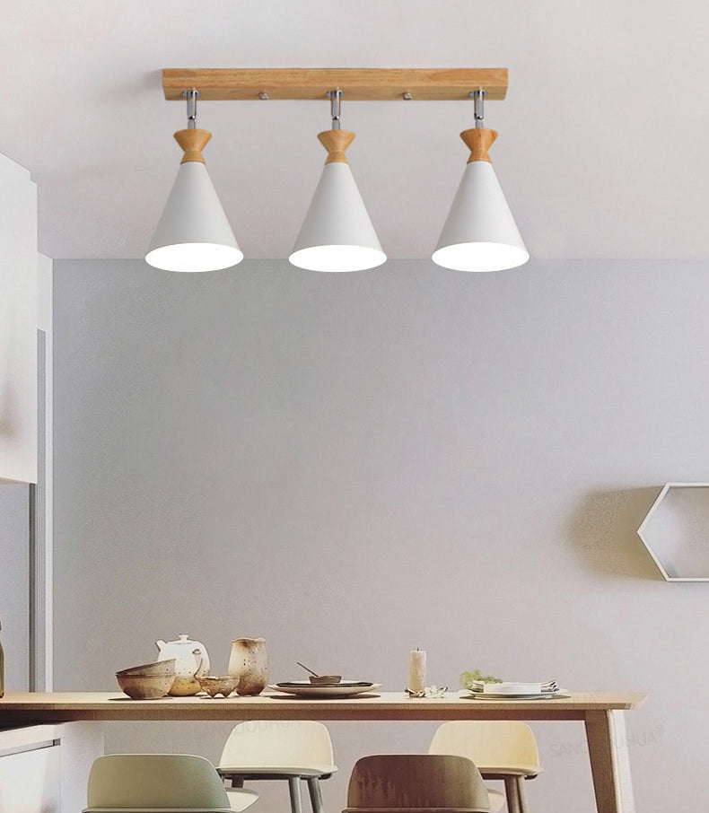Wooden Cone Semi Flush Mount in Modern Creative Style Iron 3-Light Ceiling Light for Dining Room