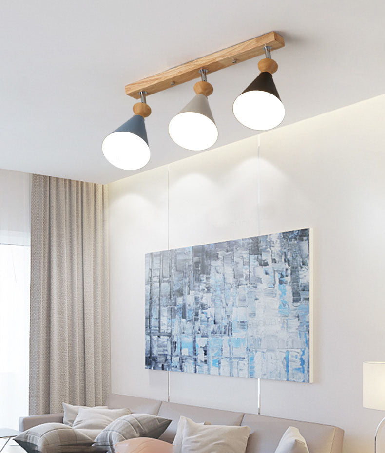 Wooden Cone Semi Flush Mount in Modern Creative Style Iron 3-Light Ceiling Light for Dining Room