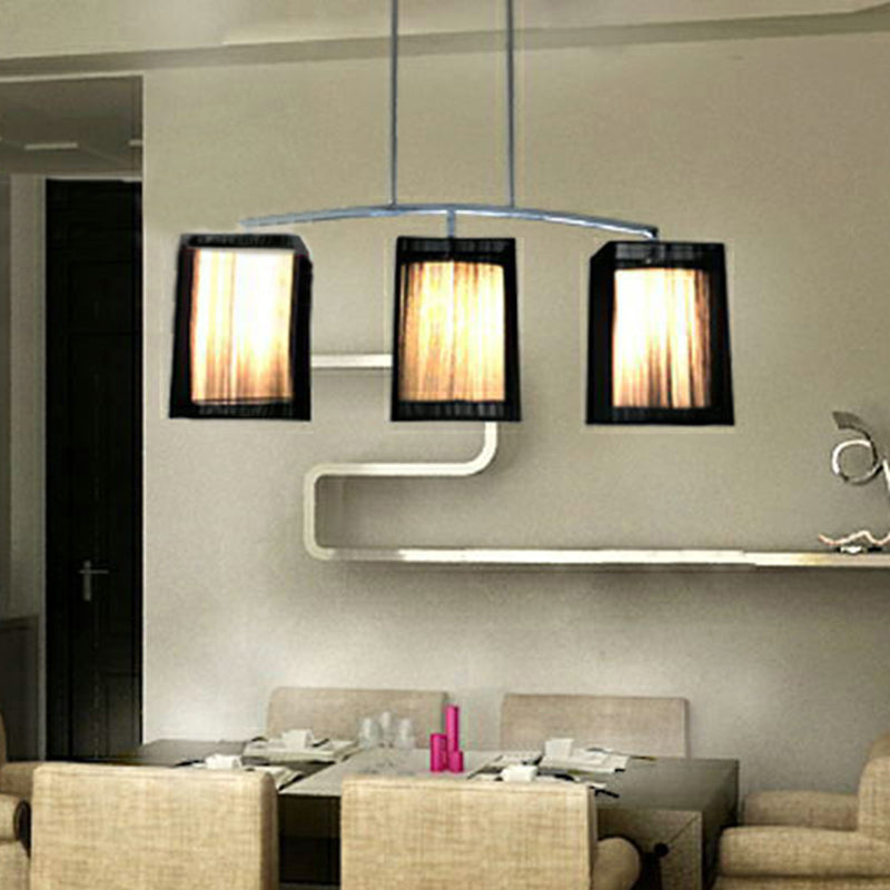 3 Lights Dining Room Island Lighting Traditional Black Hanging Lamp with Rectangle Fabric Shade