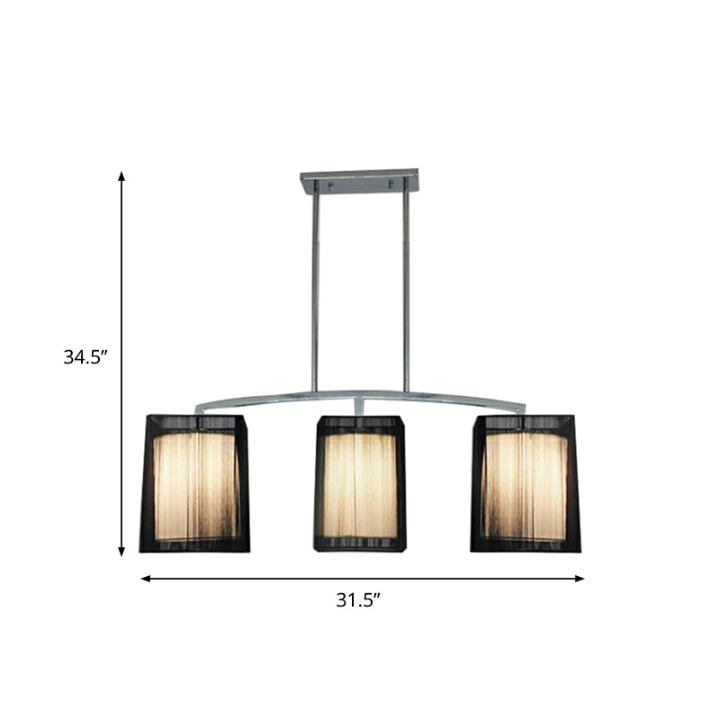 3 Lights Dining Room Island Lighting Traditional Black Hanging Lamp with Rectangle Fabric Shade