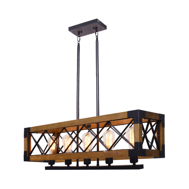 Dark Wood Rectangle Island Lighting Fixture Traditional Metal 5 Bulbs Dining Room Hanging Light