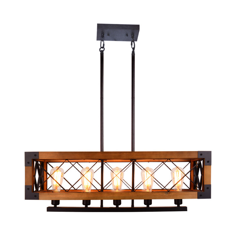 Dark Wood Rectangle Island Lighting Fixture Traditional Metal 5 Bulbs Dining Room Hanging Light