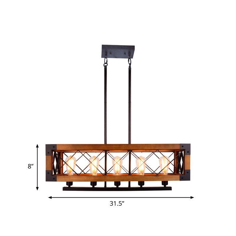 Dark Wood Rectangle Island Lighting Fixture Traditional Metal 5 Bulbs Dining Room Hanging Light