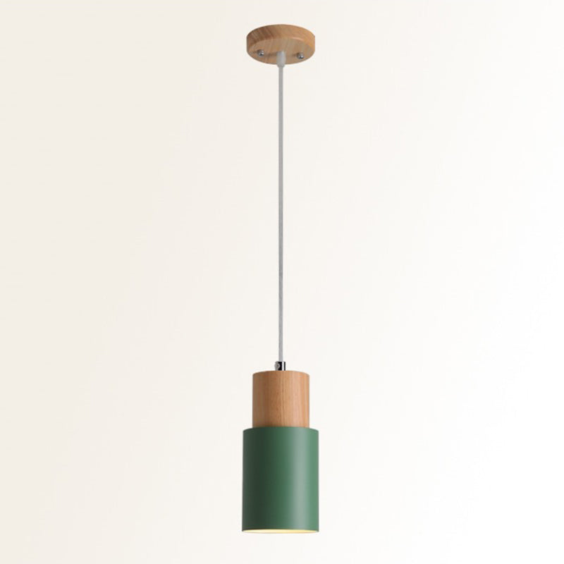 Modern Concise Single Pendant Light Wooden Cylindroid Macaron Hanging Lamp with Wrought Iron Shade