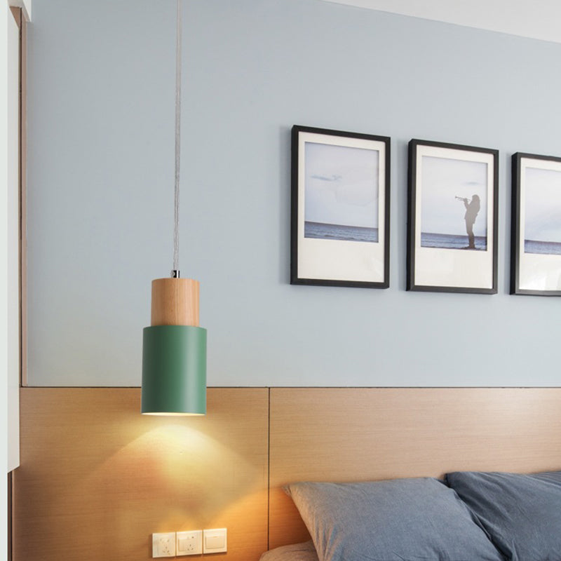 Modern Concise Single Pendant Light Wooden Cylindroid Macaron Hanging Lamp with Wrought Iron Shade