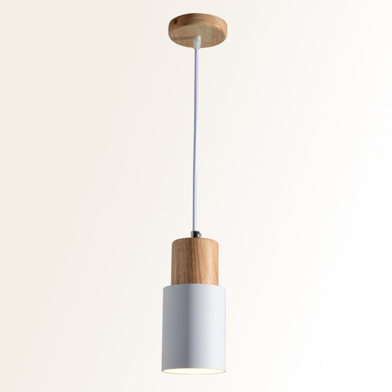 Modern Concise Single Pendant Light Wooden Cylindroid Macaron Hanging Lamp with Wrought Iron Shade