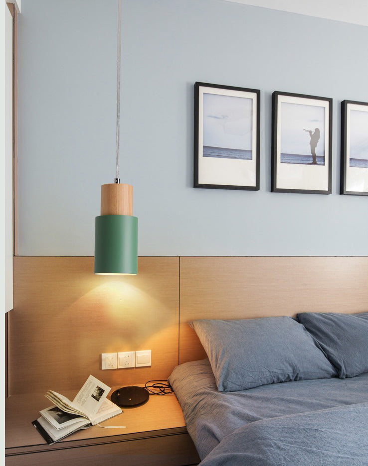 Modern Concise Single Pendant Light Wooden Cylindroid Macaron Hanging Lamp with Wrought Iron Shade