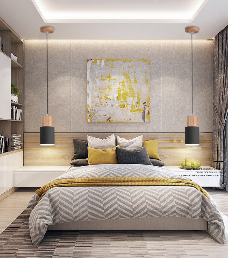 Modern Concise Single Pendant Light Wooden Cylindroid Macaron Hanging Lamp with Wrought Iron Shade