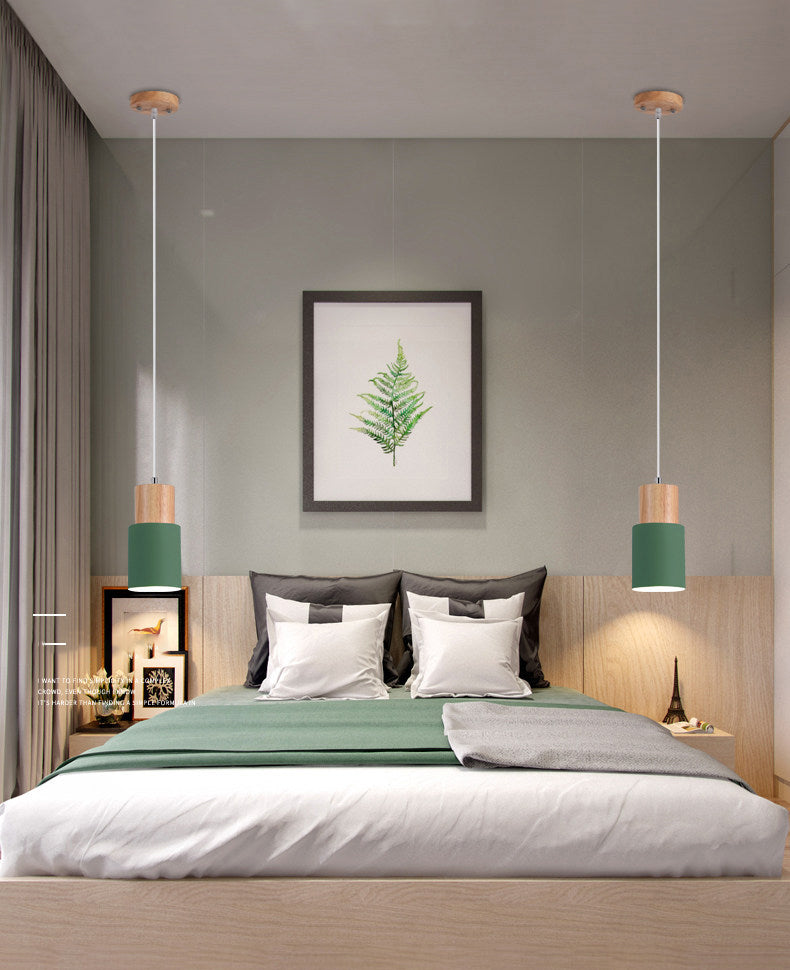 Modern Concise Single Pendant Light Wooden Cylindroid Macaron Hanging Lamp with Wrought Iron Shade