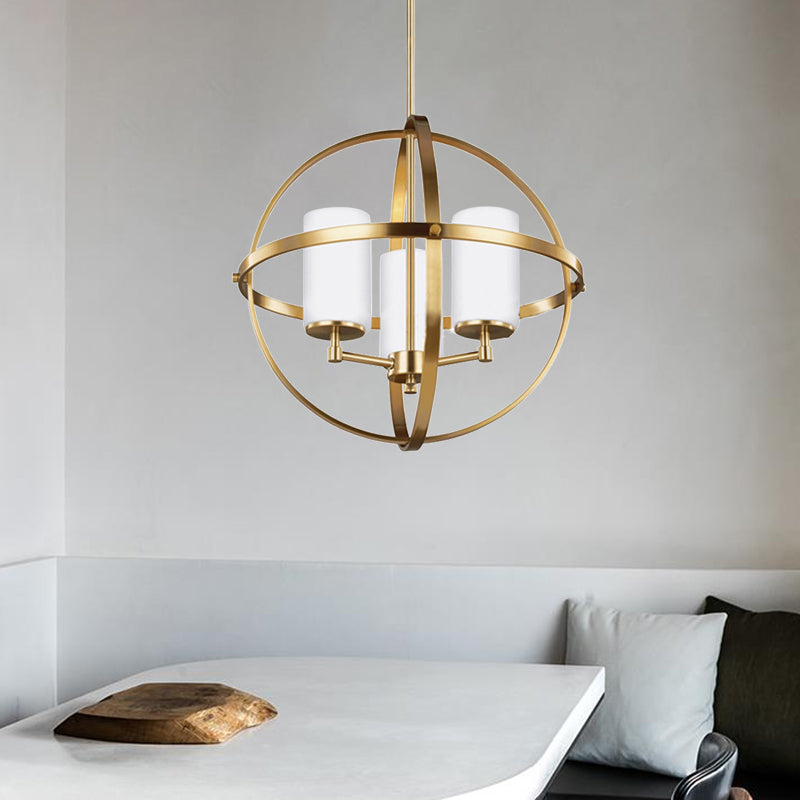 Globe Living Room Pendant Chandelier Traditional Ivory Glass 3/5/9 Lights Brass Hanging Fixture with Cylinder Shade