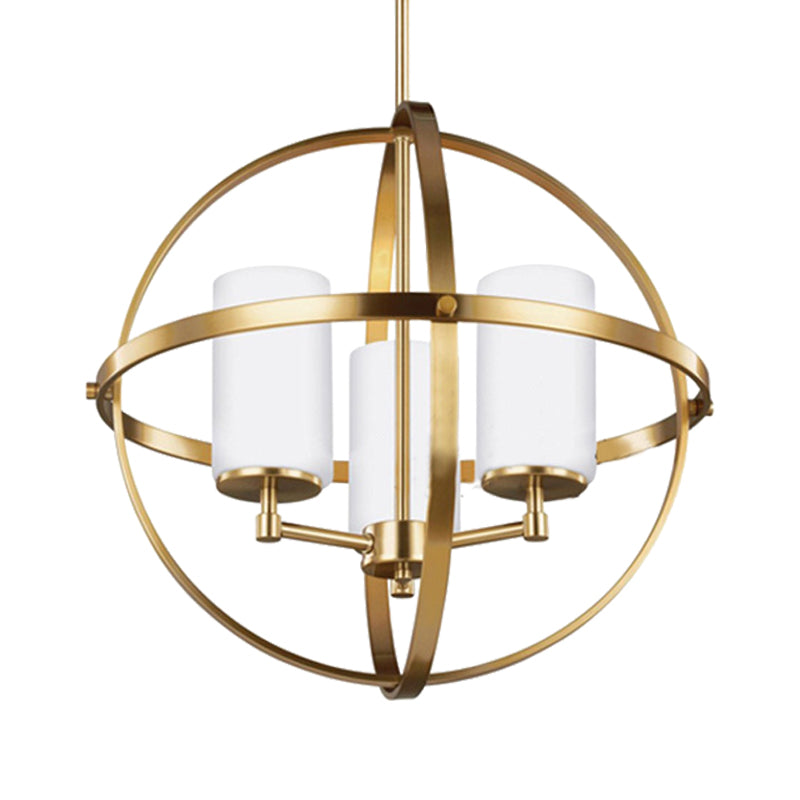 Globe Living Room Pendant Chandelier Traditional Ivory Glass 3/5/9 Lights Brass Hanging Fixture with Cylinder Shade