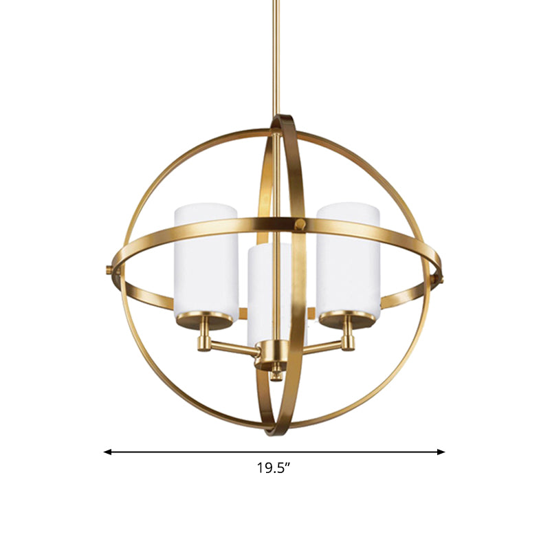 Globe Living Room Pendant Chandelier Traditional Ivory Glass 3/5/9 Lights Brass Hanging Fixture with Cylinder Shade