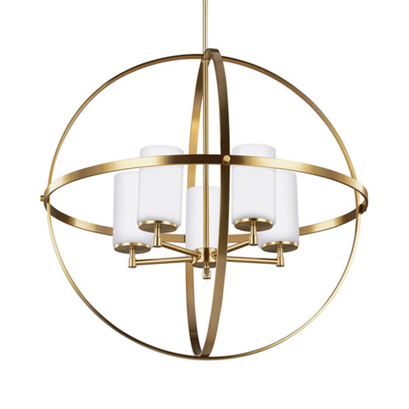 Globe Living Room Pendant Chandelier Traditional Ivory Glass 3/5/9 Lights Brass Hanging Fixture with Cylinder Shade