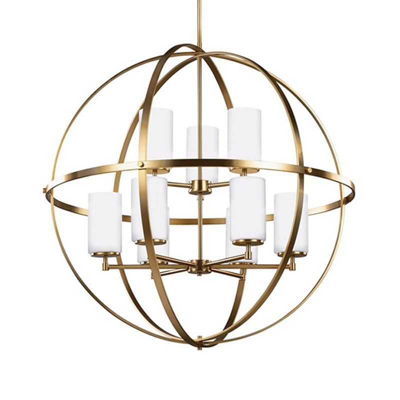 Globe Living Room Pendant Chandelier Traditional Ivory Glass 3/5/9 Lights Brass Hanging Fixture with Cylinder Shade