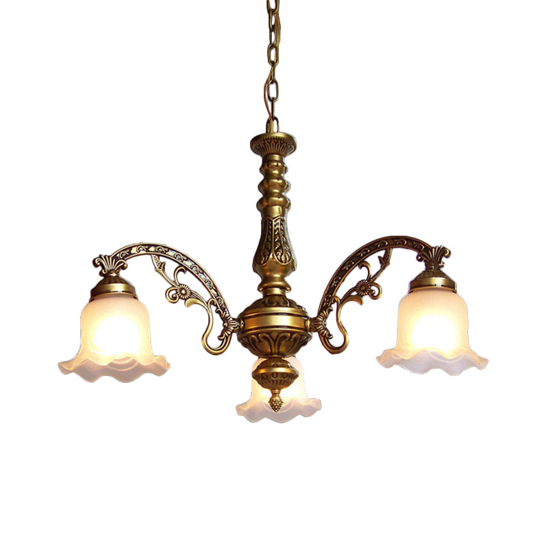 3/6 Bulb Ceiling Lamp with Scalloped Shade Frosted Textured Glass Traditional Dining Room Chandelier in Brass