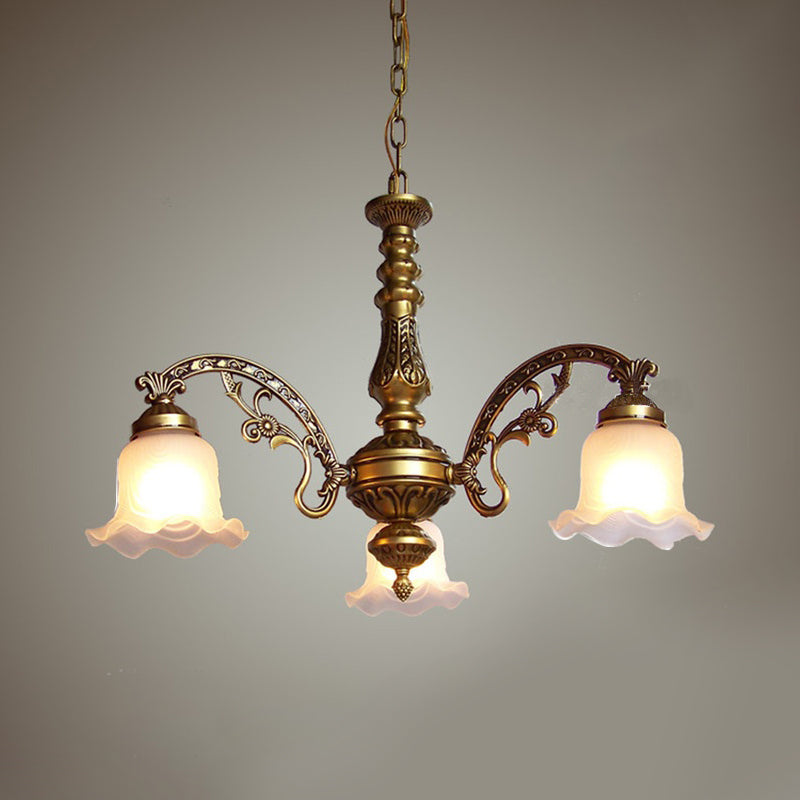 3/6 Bulb Ceiling Lamp with Scalloped Shade Frosted Textured Glass Traditional Dining Room Chandelier in Brass