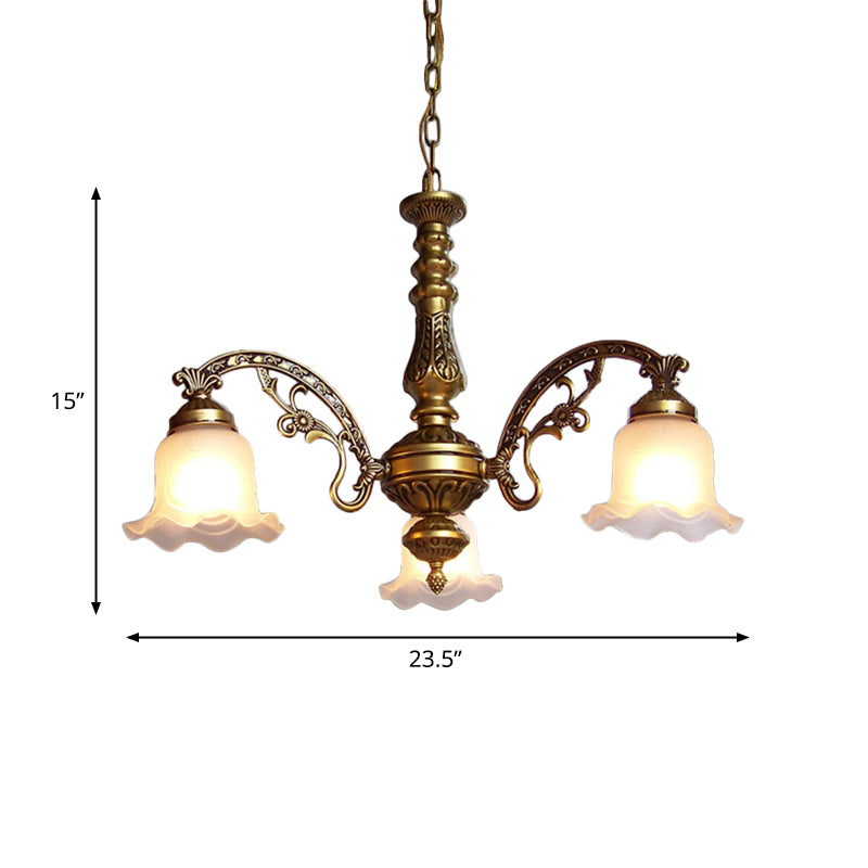 3/6 Bulb Ceiling Lamp with Scalloped Shade Frosted Textured Glass Traditional Dining Room Chandelier in Brass