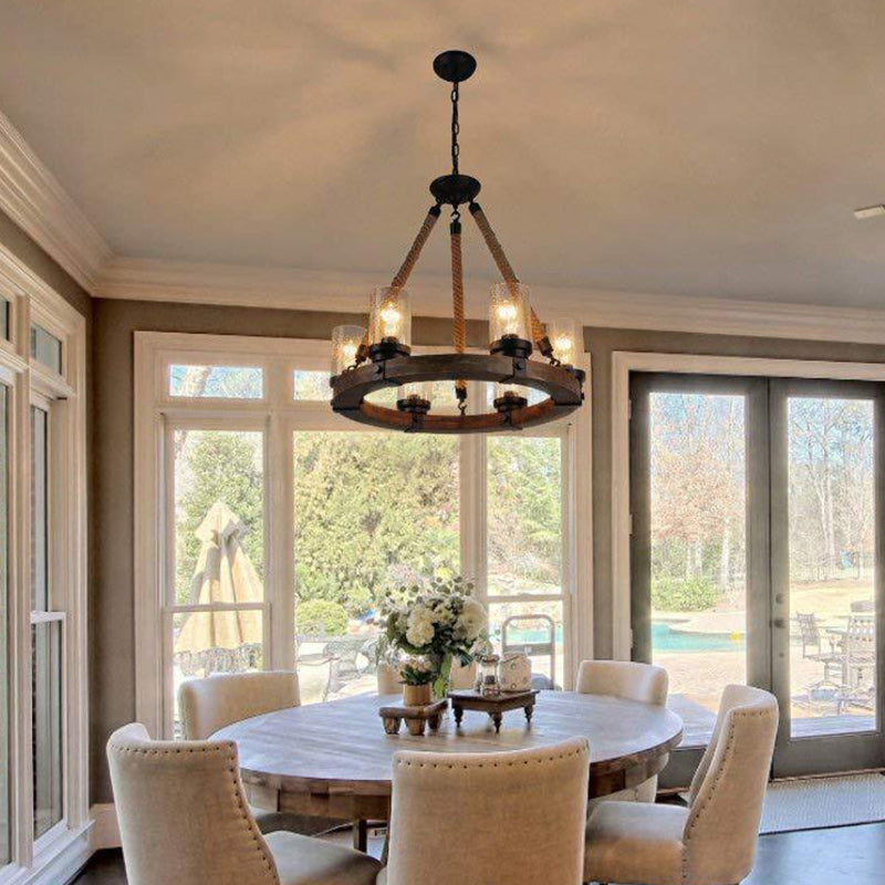 Beige Wheel Pendant Lighting Traditional Wood 1 Light Living Room Chandelier with Cylinder Shade