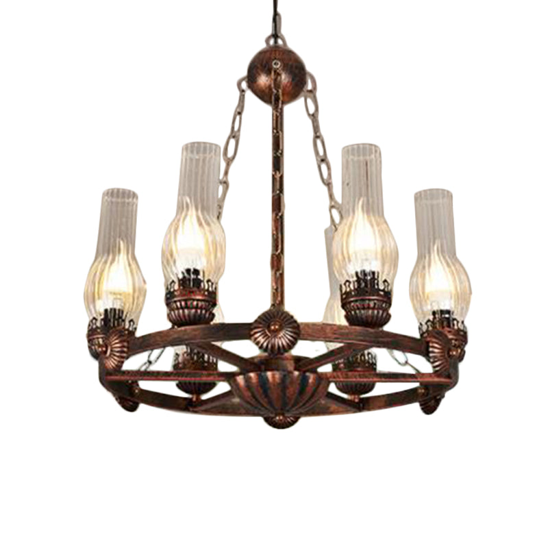6 Bulbs Wagon Wheel Chandelier Light Traditional Clear Ribbed Glass Hanging Ceiling Fixture in Copper