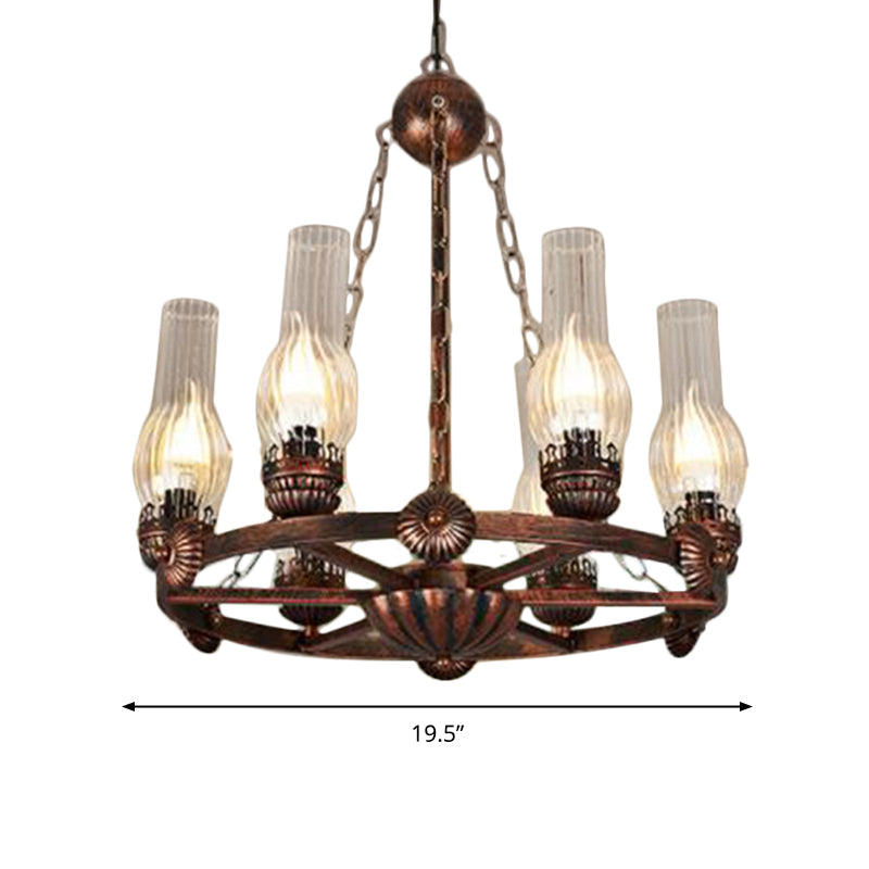 6 Bulbs Wagon Wheel Chandelier Light Traditional Clear Ribbed Glass Hanging Ceiling Fixture in Copper