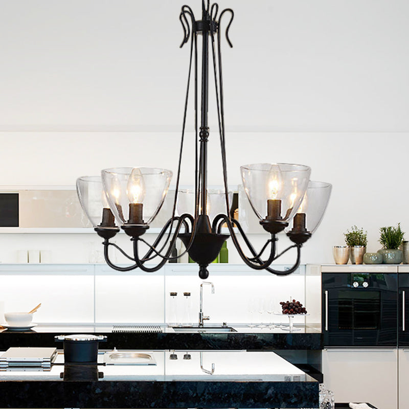 Black 3/5 Lights Pendant Chandelier Traditional Clear Glass Scroll Hanging Light with Cone Shade