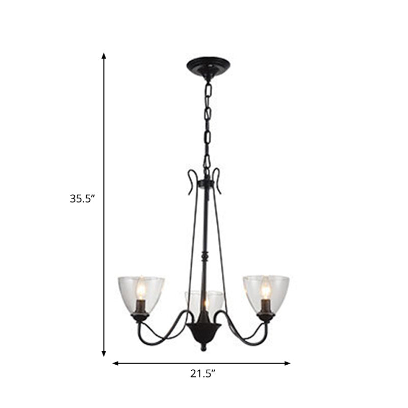 Black 3/5 Lights Pendant Chandelier Traditional Clear Glass Scroll Hanging Light with Cone Shade