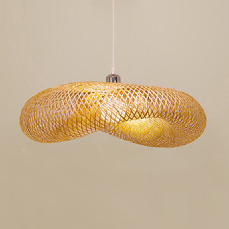 Beige Hat Shaped Pendant Lighting Fixture Asia Style Bamboo Hanging Pendant Light