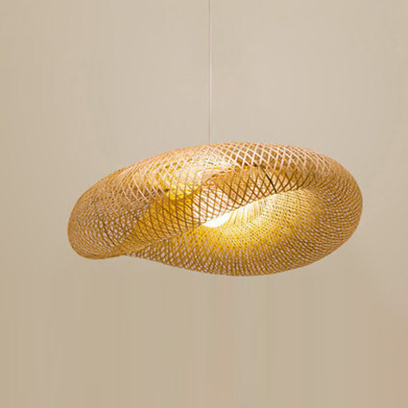 Beige Hat Shaped Pendant Lighting Fixture Asia Style Bamboo Hanging Pendant Light