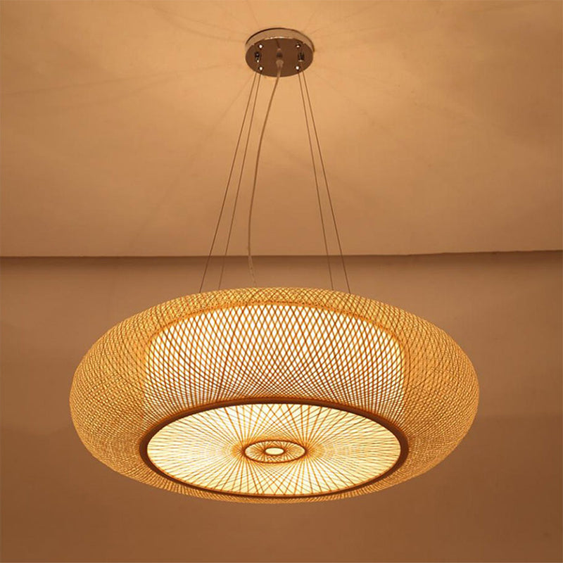 Curved Drum Pendant Lighting Tradition Bamboo 2/3 Bulbs 18"/23.5" Wide Wood Ceiling Hanging Light