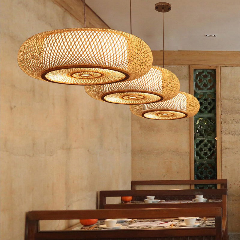 Curved Drum Pendant Lighting Tradition Bamboo 2/3 Bulbs 18"/23.5" Wide Wood Ceiling Hanging Light