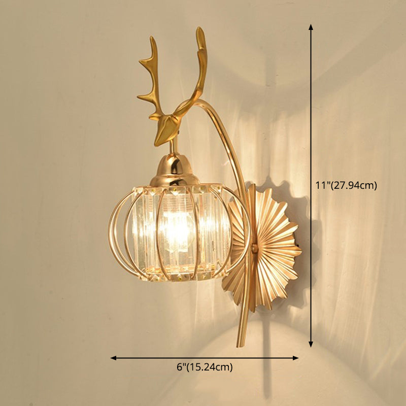 Gold Finish Deer Wall Light Modern 1 Bulb Metal Sconce Light with Round Crystal Shade
