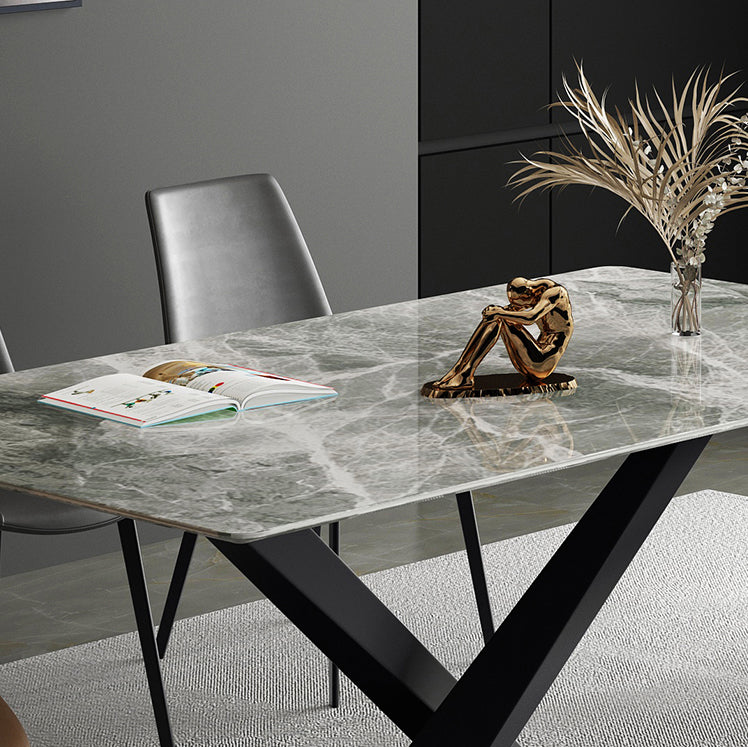 Modern Sintered Stone Gray Dining Table Set with Rectangle Table and Metal Base Formal Dining Set