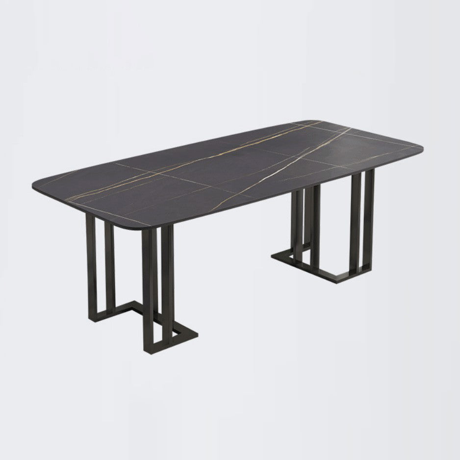 Modern Sintered Stone Black Dining Room Set with Rectangle Table and Metal Base Dining Set