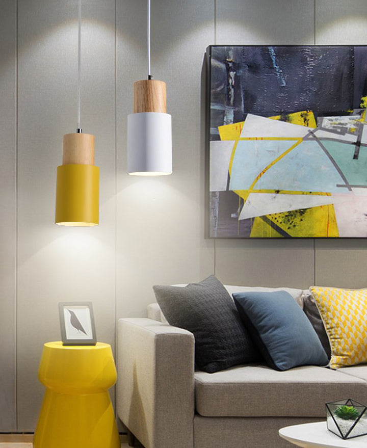 Macaron minimaliste moderne Lampe suspendue en bois de la lampe cylindrique avec une teinte en aluminium