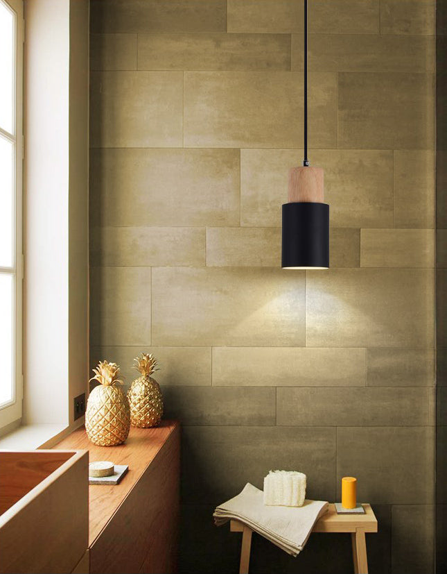 Macaron minimaliste moderne Lampe suspendue en bois de la lampe cylindrique avec une teinte en aluminium