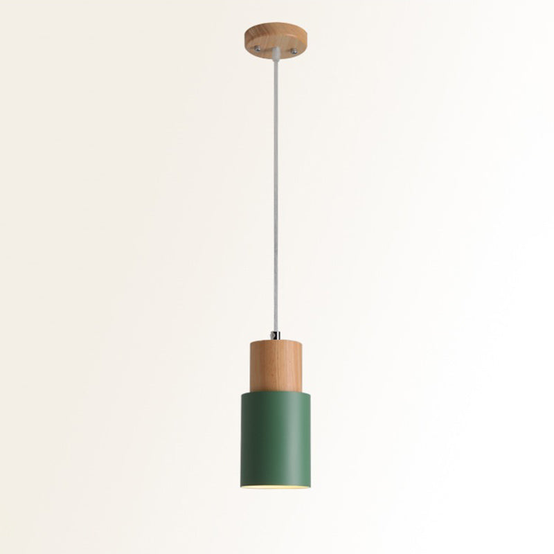 Wooden Cylindrical Single Pendant Light in Modern Concise Style Aluminium Macaron Hanging Lamp