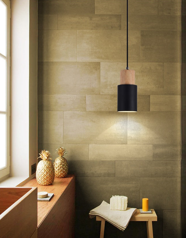 Wooden Cylindrical Single Pendant Light in Modern Concise Style Aluminium Macaron Hanging Lamp