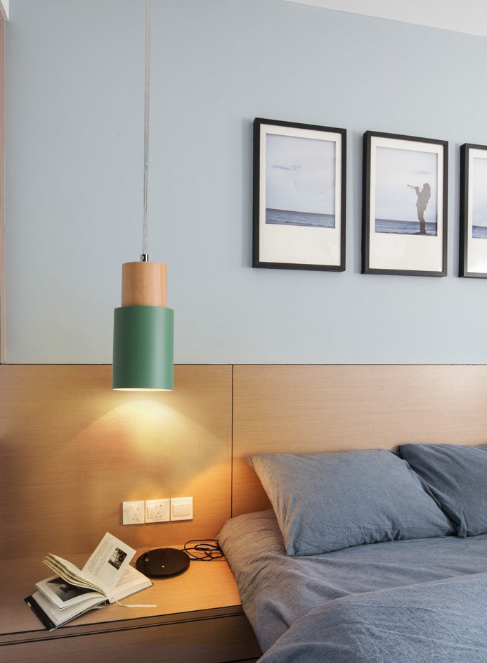 Wooden Cylindrical Single Pendant Light in Modern Concise Style Aluminium Macaron Hanging Lamp