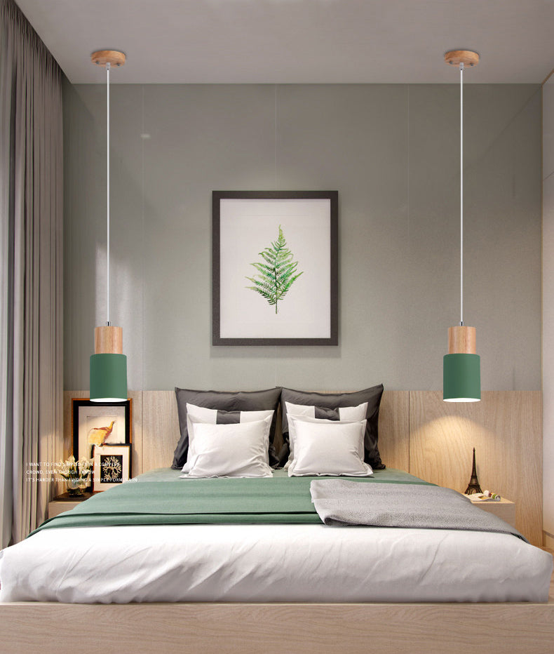 Wooden Cylindrical Single Pendant Light in Modern Concise Style Aluminium Macaron Hanging Lamp