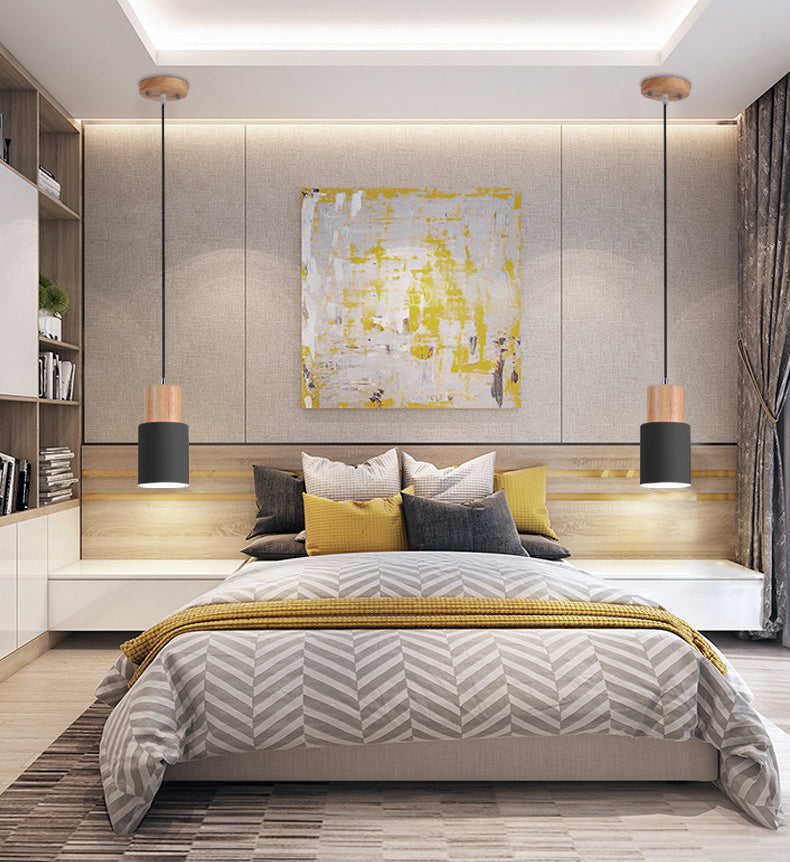 Wooden Cylindrical Single Pendant Light in Modern Concise Style Aluminium Macaron Hanging Lamp