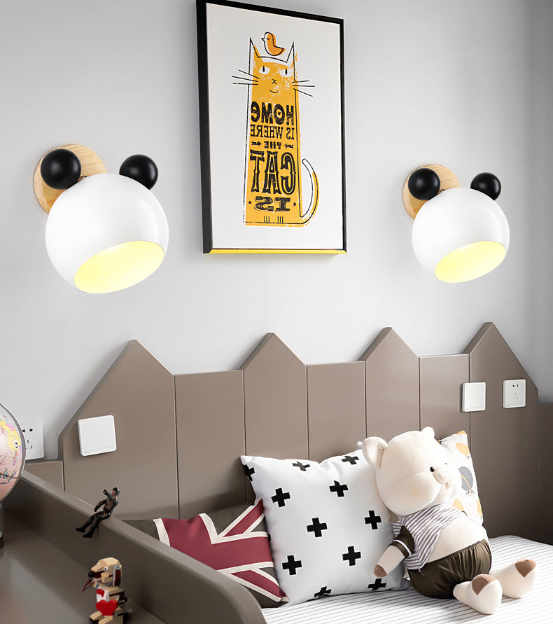 Modern Nordic Macaron Wall Lamp Wooden Globe Wall Light with Wrought Iron Shade