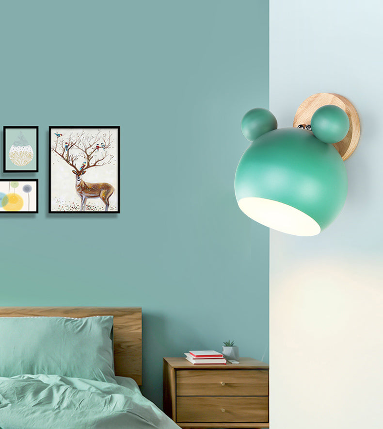 Modern Nordic Macaron Wall Lamp Wooden Globe Wall Light with Wrought Iron Shade