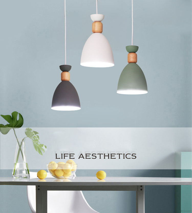 Moderne beknopte macaron hangende lamp houten koepel hanger licht met gelakte ijzeren schaduw